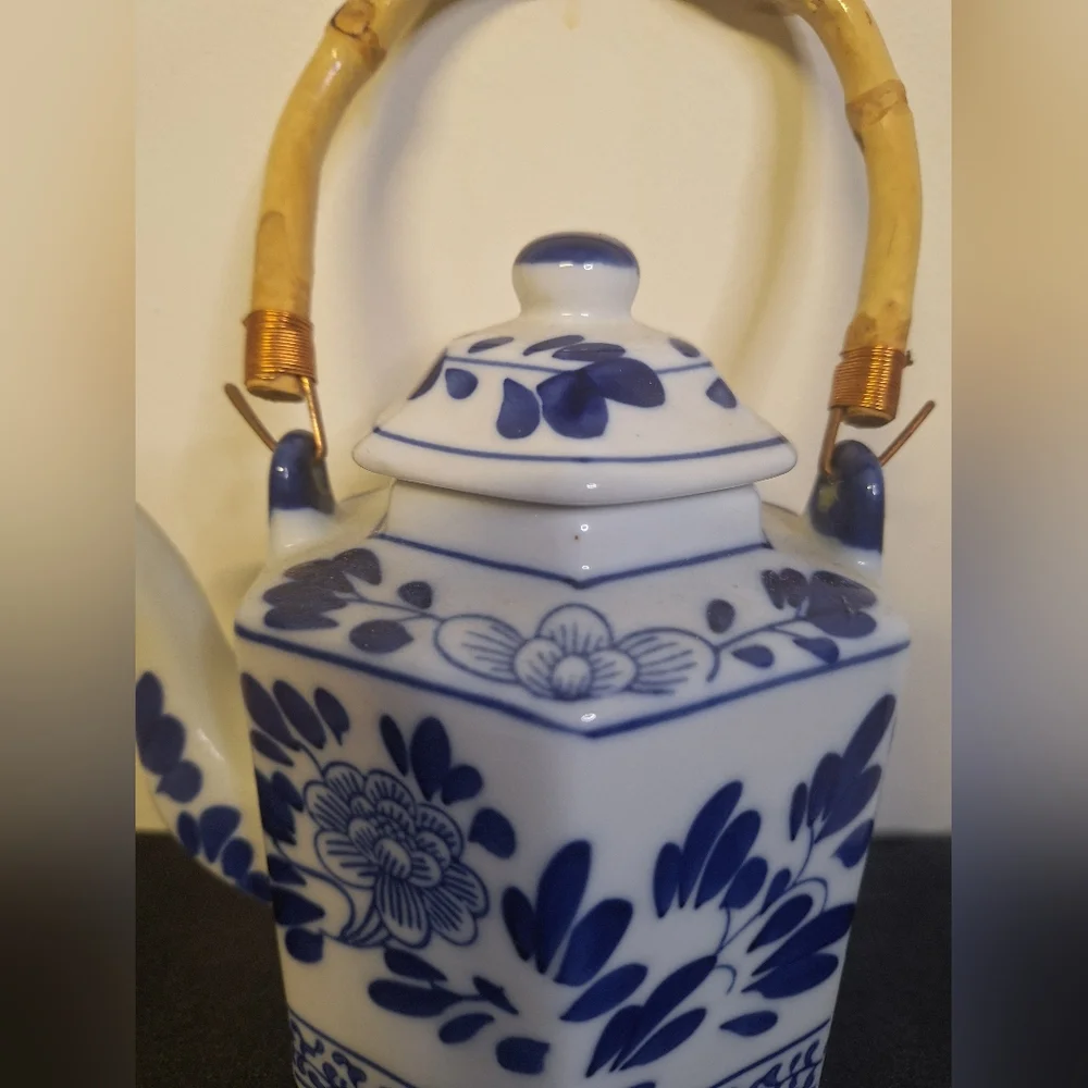 Blue and White Floral Porcelain Teapot with Bamboo Handle